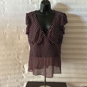 Anna Sheer Blouse Pink Black Striped Cap Sleeve Women’s Size Large Lightweight